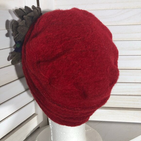 Vintage Florence Wool Felt Wool Hat Emily in Paris Floral Appliqué Deep Red OS - Picture 5 of 7